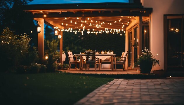 Garden lights illuminating the patio of a beautiful suburban house on a summer evening