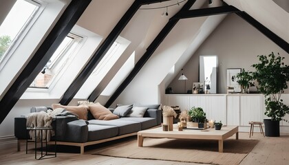 Scandinavian home interior: Modern living room design in attic with lining ceiling