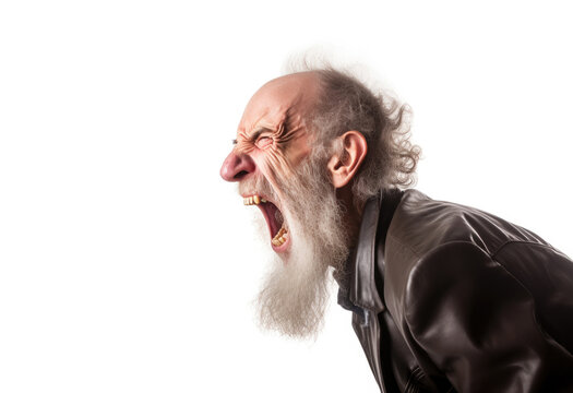 Angry old grandpa with white hair and beard. wearing a brown leather jacket. white background. Shouting, screaming, yelling, angry, extremist. Wide open mouth. Profile side view. Evil old man. 