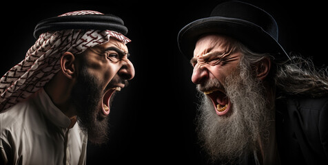 Middle East Turmoil: Jewish and Arab Men in Dispute. Arab man vs. Jewish man. Jews against Arabs. Conflict in the Middle east. War against terror. Extremists groups. Black background. Yelling - obrazy, fototapety, plakaty