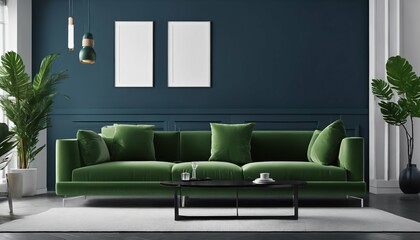 Green sofa in bright, cozy living room: Modern interior with dark blue wall backdrop