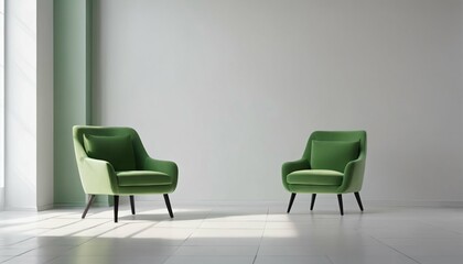 Room interior design: Green armchair against empty white wall