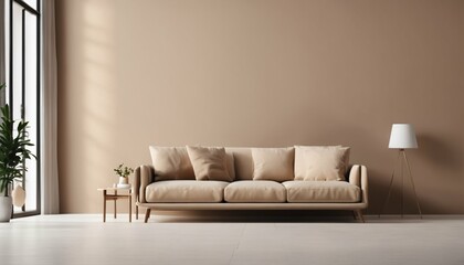 Empty wall background in a warm-toned living room with sofa