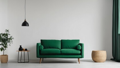 White wall background in a Scandinavian living room with green armchair