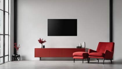 Wall-mounted TV and red armchair in a living room with a white wall