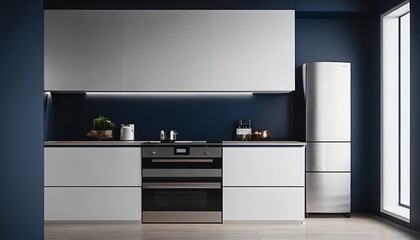 Kitchen featuring a minimalist interior design and a mockup dark blue wall