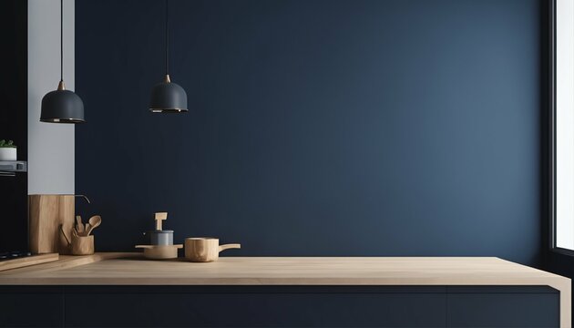 Minimalist interior design in a kitchen with a mockup dark blue wall