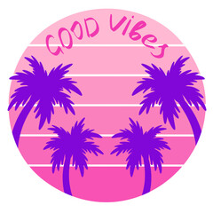 Obraz premium Summer good vibes with sun, palm tree and lettering. v=Vector print in purple and pink colors.