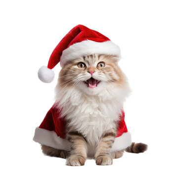 a Santa Claus outfit on a cat in an isolated and transparent PNG in a Holiday-themed, photorealistic illustration. Generative ai
