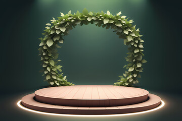 Wooden podium with wreath and green background ai generative image