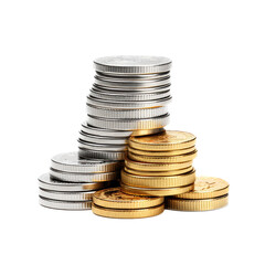 a stack of gold and silver coins in an isolated and transparent PNG in an Economic-themed, photorealistic illustration. Generative ai