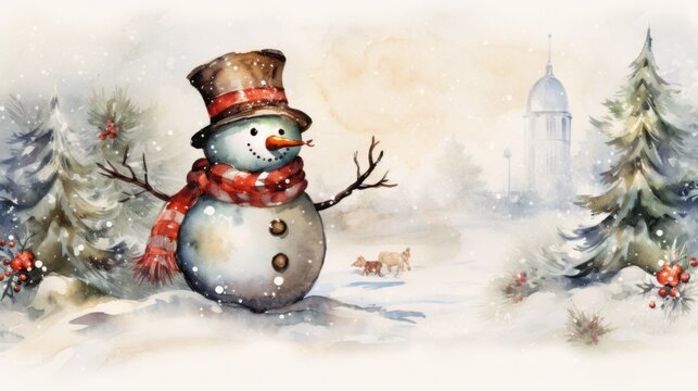 A watercolor painting of a snowman in the snow