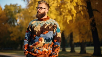 Fototapeta premium A man with a beard wearing a colorful sweater