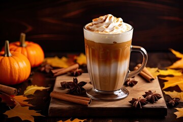 Pumpkin spice latte - spiced pumpkin latte - coffee with the addition of pumpkin syrup and spices. On the background of a wooden table and pumpkins. - obrazy, fototapety, plakaty