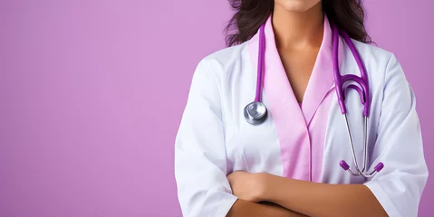 Poster Young female doctor in a white coat, stethoscope and purple background. Cancer support, health and medicine. Copy space. © JMarques