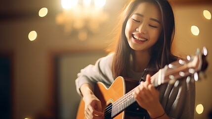 Guitar singing is performed by East Asians. - obrazy, fototapety, plakaty