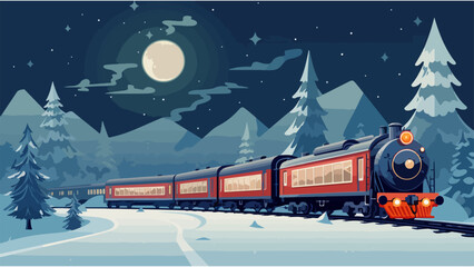 Train dans un paysage de neige à la nuit tombée, IA générative