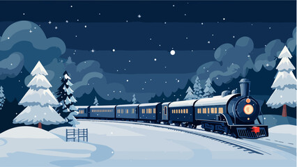 Train dans un paysage de neige à la nuit tombée, IA générative - obrazy, fototapety, plakaty