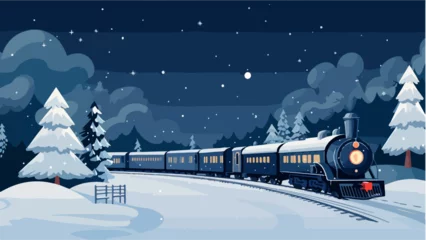 Gordijnen Train dans un paysage de neige à la nuit tombée, IA générative © HKTR-atelier
