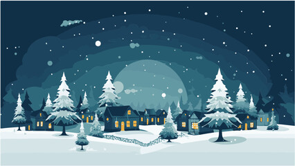 Paysage nocturne d'un village sous la neige, IA générative