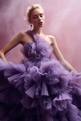 blonde woman wearing purple designer dress