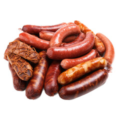 Fototapeta premium an assortment of sausages, in an isolated and transparent PNG in a Food-themed, photorealistic illustration. Generative ai