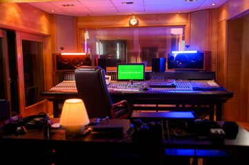 Photo of a music studio, interior, control board.