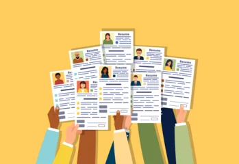 Fotobehang Resume for applying job. Crowd hands submitting job applications. Candidate's diversity participate in a recruitment competition. vector illustration . © Wise ant