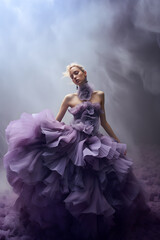 blonde woman wearing purple designer dress