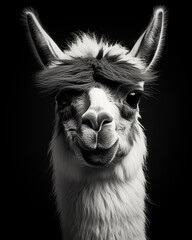 Dramatic black and white portrait of a Llama, focused gaze into the camera, sharp contrast