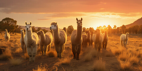 Llama herd, grazing in an open field during sunset, warm tones