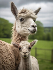 Obraz premium Llama mother and baby, close - up, sharing a tender moment, green pasture in the background, overcast lighting