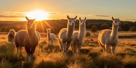Foto op Aluminium Llama herd, grazing in an open field during sunset, warm tones © Marco Attano