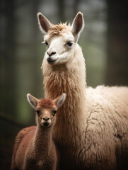 Llama mother and baby, close - up, sharing a tender moment, green pasture in the background, overcast lighting