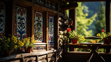 Fototapeta na wymiar Retreat to a mountain guesthouse in the countryside of Romania, where traditional Romanian motifs and embroidery are showcased on the walls and rustic furniture. The cabins feature natural