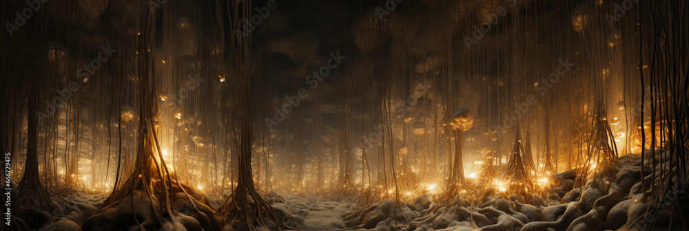 Aufkleber panoramic underground view of a dense network of mycelium threads, root - like structure illuminated