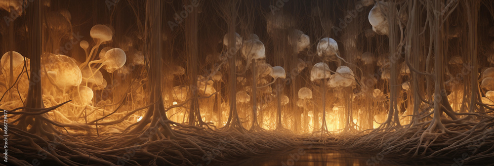 Poster panoramic underground view of a dense network of mycelium threads, root - like structure illuminated