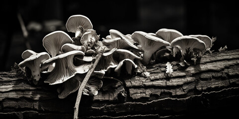 Oyster mushrooms growing on a decaying log, captured in black and white, textural focus on gills and caps, deep contrast