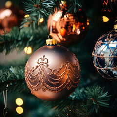 Close-up of Christmas toys balls on a Christmas tree. Generative AI