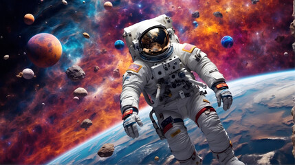 Astronauta eksploruje kosmos. Generative AI. - obrazy, fototapety, plakaty