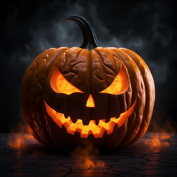 Halloween pumpkin smile and scrary eyes for party night. Close up view of scary Halloween pumpkin with eyes glowing inside at black background