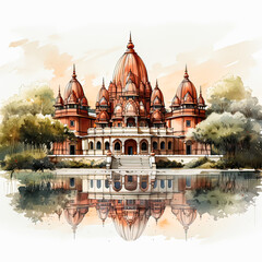 A watercolor sketch unites a traditional Indian style temple with the serenity of the outdoors