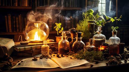 The alchemy lab consists of mortar and pestle crystals, snakeskin potions, oils, spices, herbs, bones, and old books. The esoteric pagan witchcraft background features a kitchen with