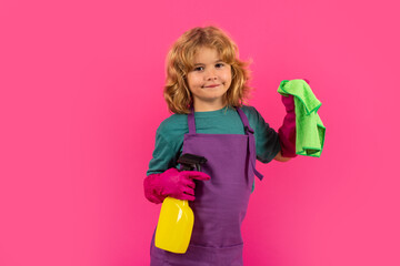 Child doing housework. Studio portrait of child use duster and gloves for cleaning. Funny child mopping house. Cleaning accessory, cleaning supplies. Housekeeping and home cleaning.