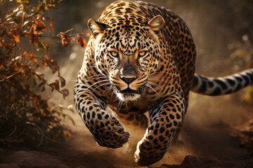 Running tiger, showcasing the potent combination of power and grace that defines this magnificent wild predator in its natural habitat. Ai generated