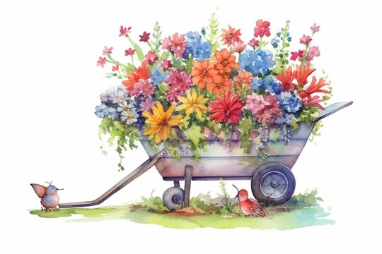 Watercolor card featuring a cute wheelbarrow filled with flowers for gardening. Generative AI