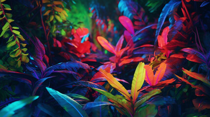 Ensemble de feuilles tropicales multicolores. Psychédélique, coloré, nature, jungle. Arrière-plan et fond pour conception et création graphique.