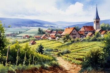 Watercolor style depiction of a picturesque countryside in Alsace, France. Generative AI