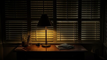 The dark moody atmosphere is created by the soft piercing of yellow light through the blinds. The shutters create a lovely contrast between light and shadow, as well as a concept of the