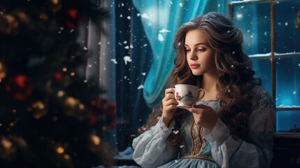 Christmas little girl drink a tea in the night.